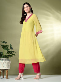 Thumbnail for Myshka Women's Georgette Solid A-Line Kurta in Yellow Color