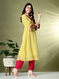 Thumbnail for Myshka Women's Georgette Solid A-Line Kurta in Yellow Color