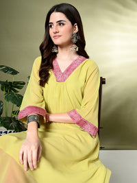 Thumbnail for Myshka Women's Georgette Solid A-Line Kurta in Yellow Color