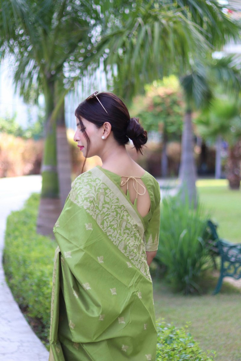Aastha Fashion Mehendi Woven Handloom Raw Silk Saree with Blouse - Distacart