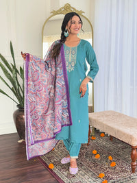 Thumbnail for Lyush Women Party Wear Embroidery Worked Kurta With Pant And Dupatta Set - Blue