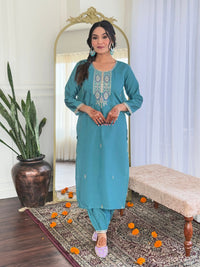 Thumbnail for Lyush Women Party Wear Embroidery Worked Kurta With Pant And Dupatta Set - Blue