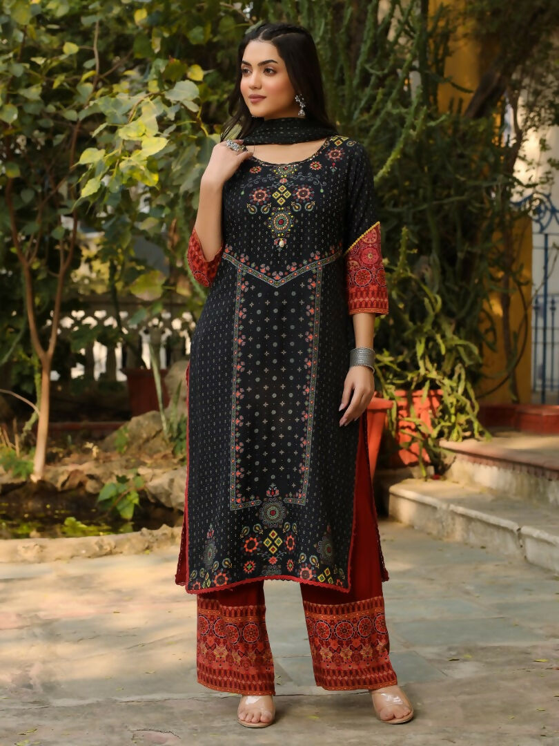 Juniper Black Ethnic Motif Placement Printed Rayon Kurta With Pant And Dupatta With Bead & Sequence Work - Distacart