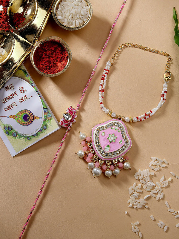 NVR Women & Men Set of 2 Pink Lotus Shape Kundan Stone-Studded & Beaded Bhaiya Bhabhi Rakhi With Roli Chawal & Chocolate - Distacart