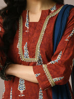 Thumbnail for Myshka Women's Rust Printed Cotton Straight Party Kurta Set With Dupatta - Distacart
