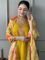 Thumbnail for Teeya Creation Yellow Color Chanderi Silk Embroidery Work Fully Stitched Kurti Set - Distacart