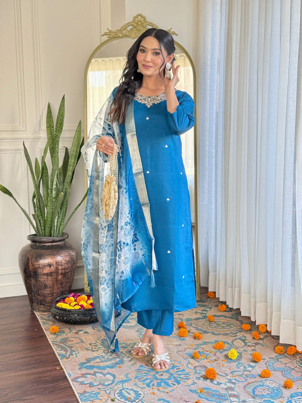 Teeya Creation Blue Color Roman Silk Embroidery Work Fully Stitched Kurti Set - Distacart