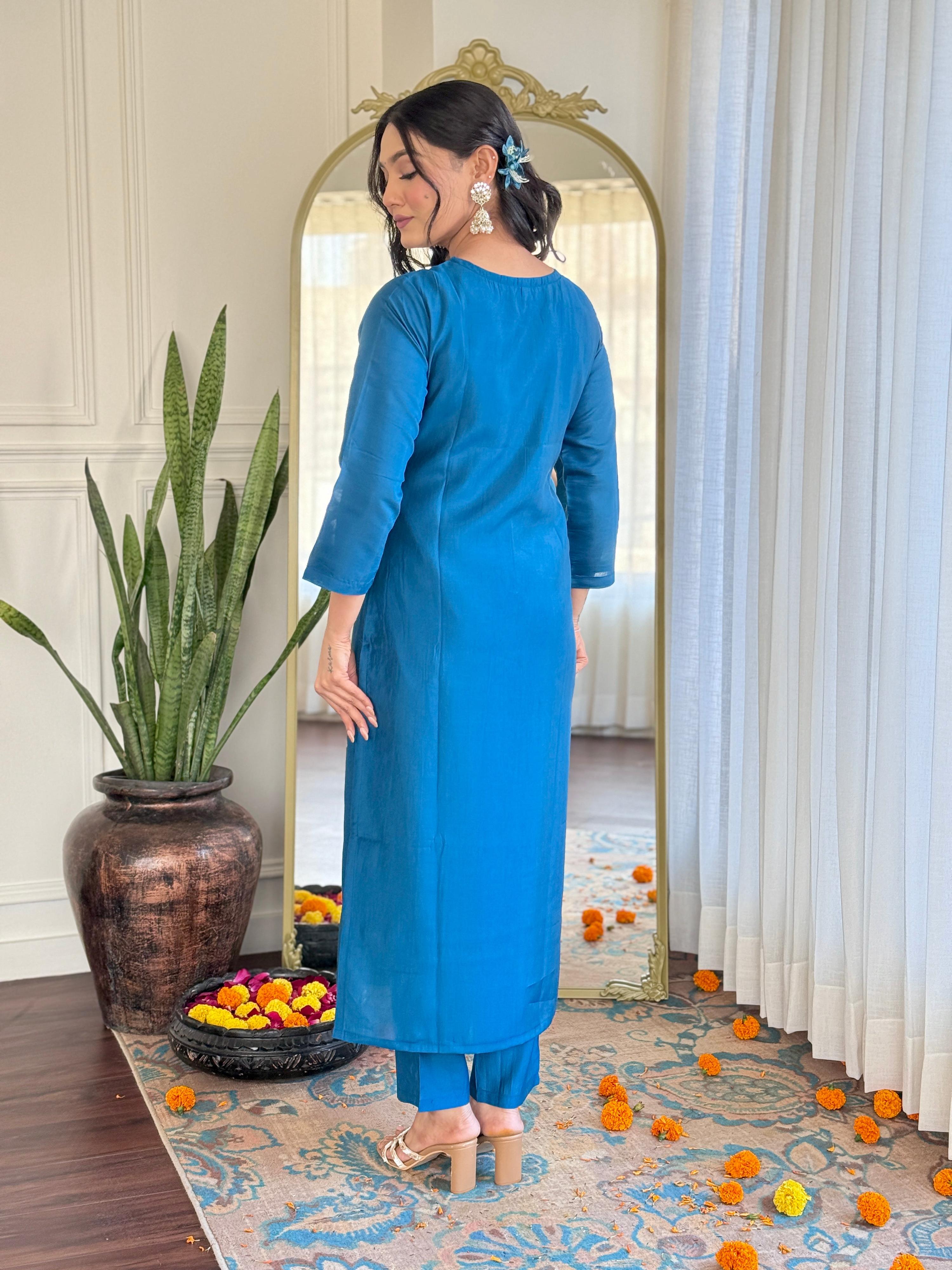 Teeya Creation Blue Color Roman Silk Embroidery Work Fully Stitched Kurti Set - Distacart