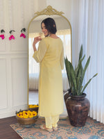 Thumbnail for Teeya Creation Light Yellow Color Viscose Chanderi Embroidery Work Fully Stitched Kurti Set - Distacart