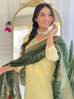 Thumbnail for Teeya Creation Light Yellow Color Viscose Chanderi Embroidery Work Fully Stitched Kurti Set - Distacart