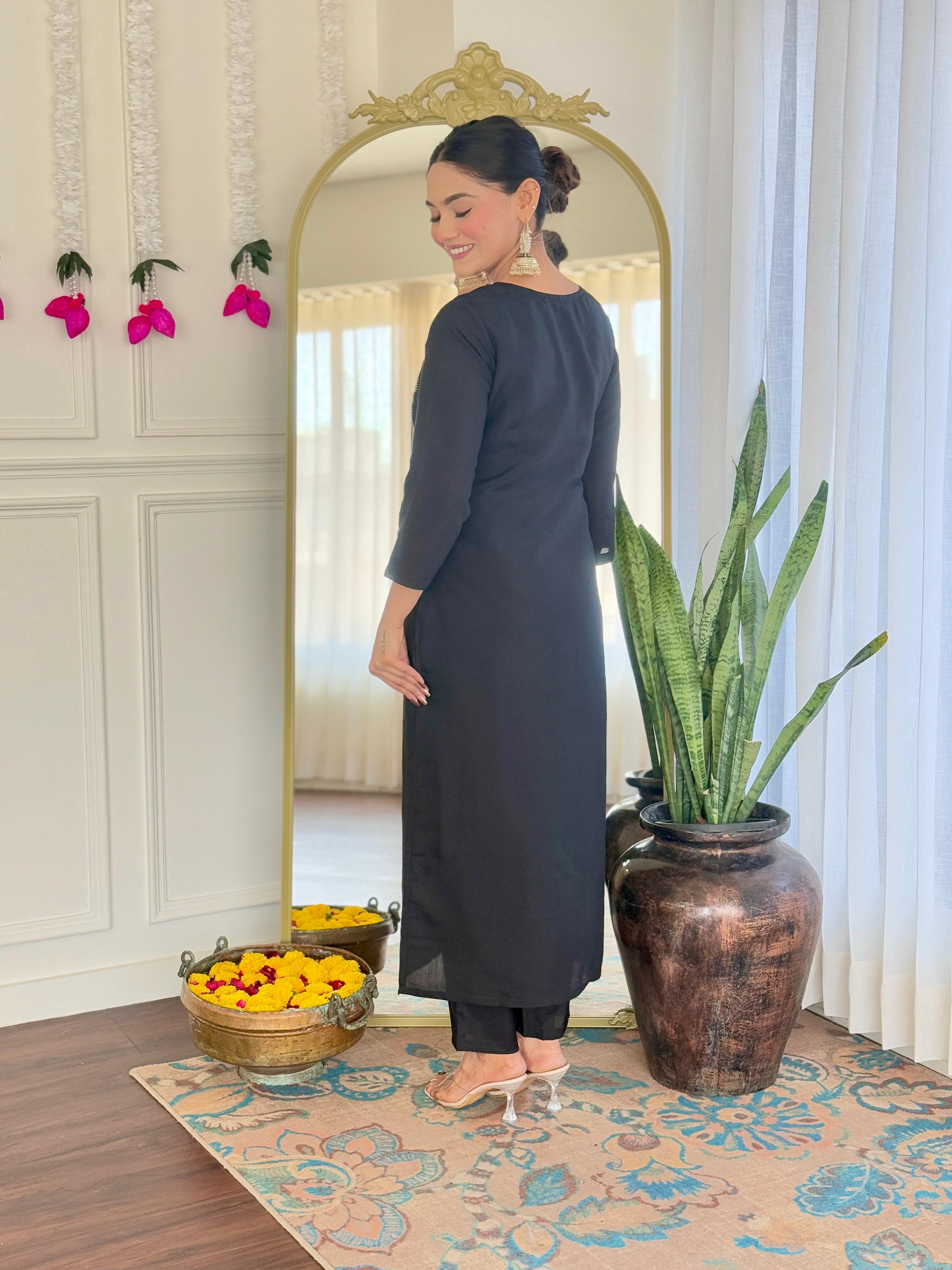 Teeya Creation Black Color Viscose Chanderi Embroidery Work Fully Stitched Kurti Set - Distacart