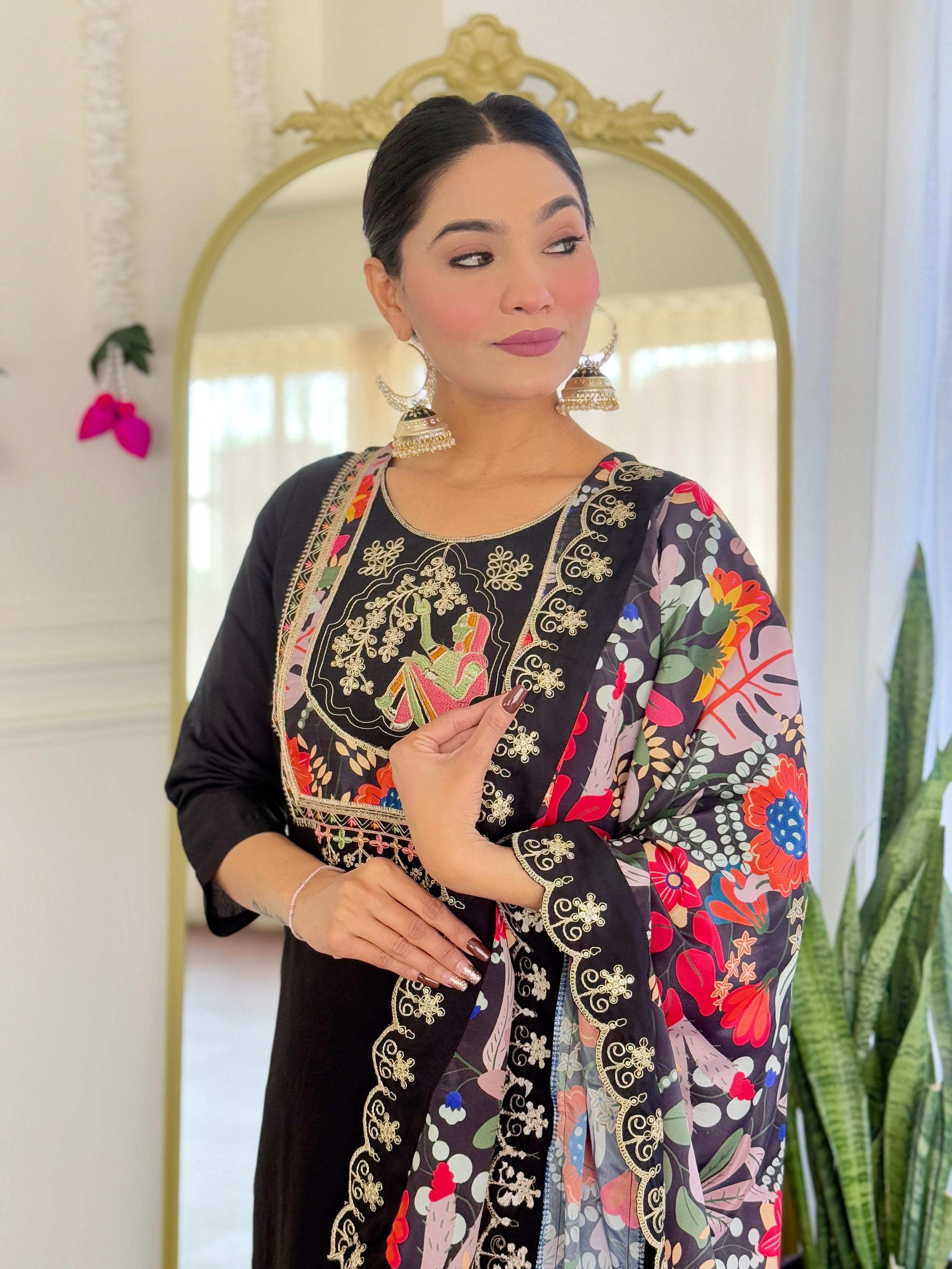 Teeya Creation Black Color Viscose Chanderi Embroidery Work Fully Stitched Kurti Set - Distacart