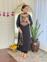 Thumbnail for Teeya Creation Black Color Viscose Chanderi Embroidery Work Fully Stitched Kurti Set - Distacart