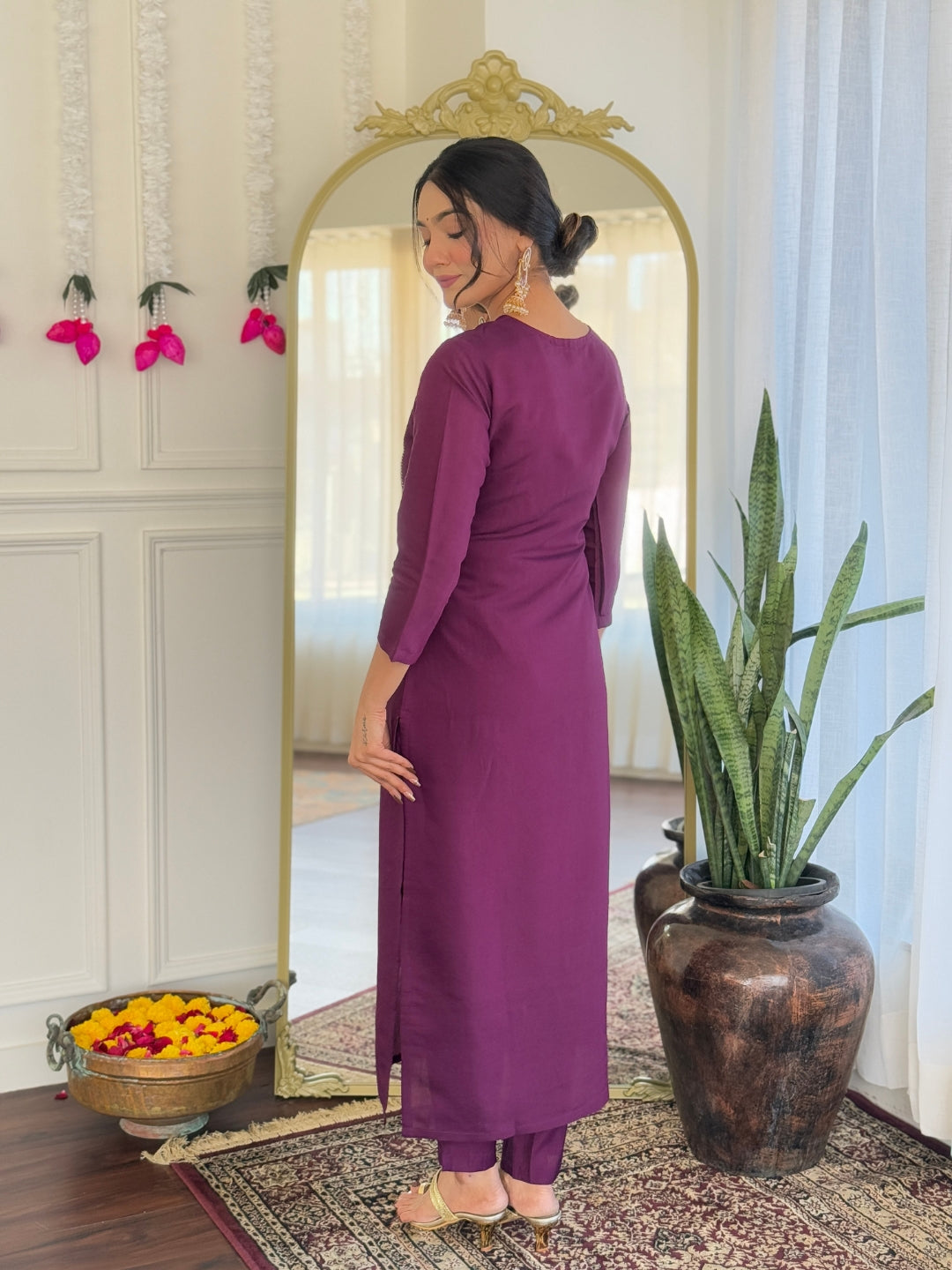 Teeya Creation Wine Color Viscose Chanderi Embroidery Work Fully Stitched Kurti Set - Distacart