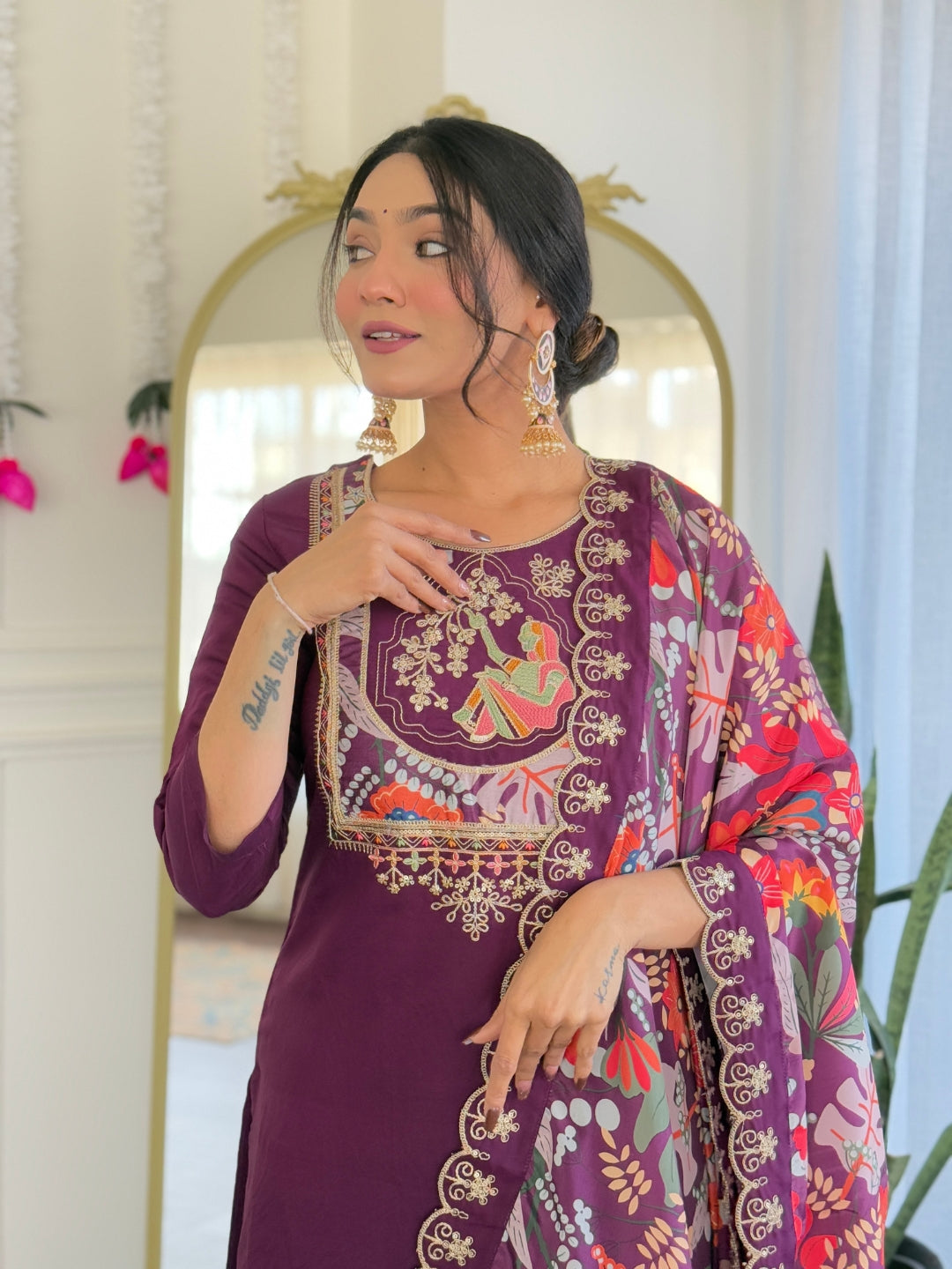 Teeya Creation Wine Color Viscose Chanderi Embroidery Work Fully Stitched Kurti Set - Distacart