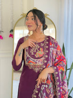 Thumbnail for Teeya Creation Wine Color Viscose Chanderi Embroidery Work Fully Stitched Kurti Set - Distacart