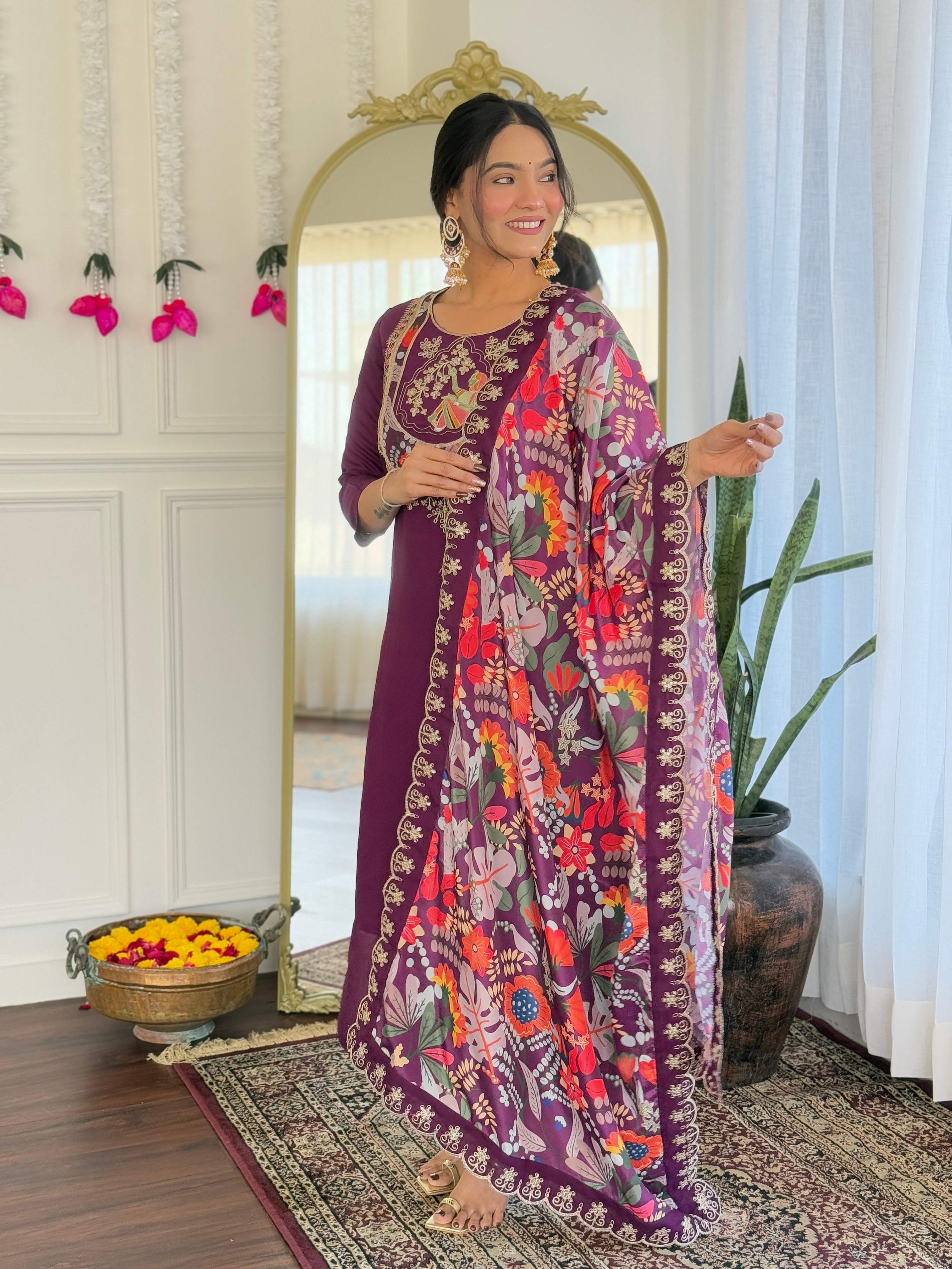 Teeya Creation Wine Color Viscose Chanderi Embroidery Work Fully Stitched Kurti Set - Distacart