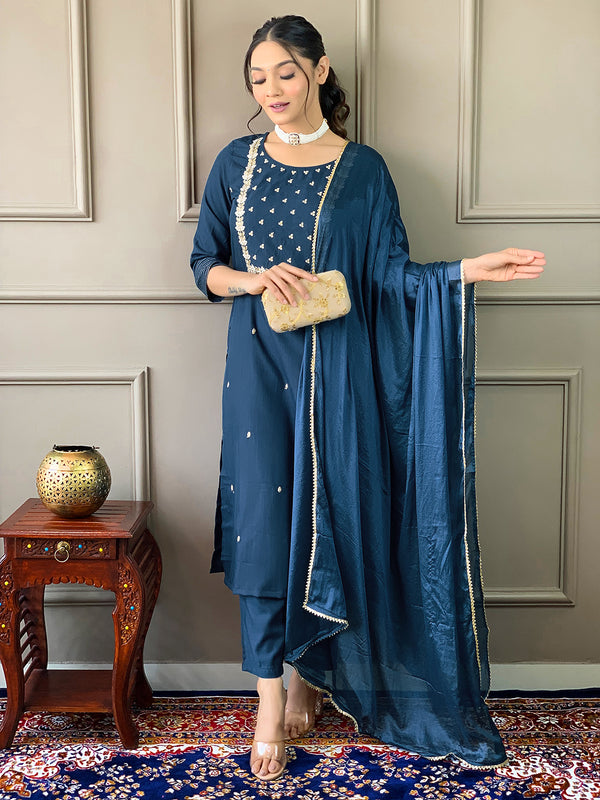 Teeya Creation Blue Color Rayon Slub Embroidery Work Fully Stitched Kurti Set - Distacart