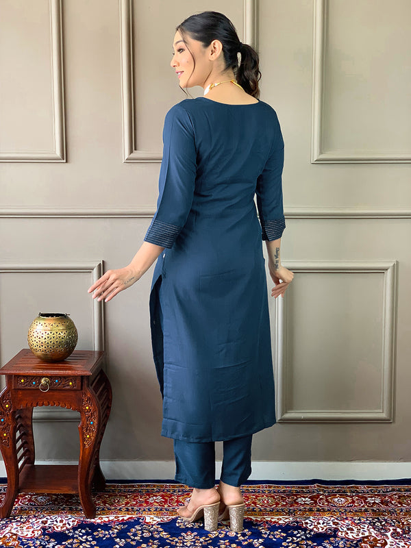 Teeya Creation Blue Color Rayon Slub Embroidery Work Fully Stitched Kurti Set - Distacart