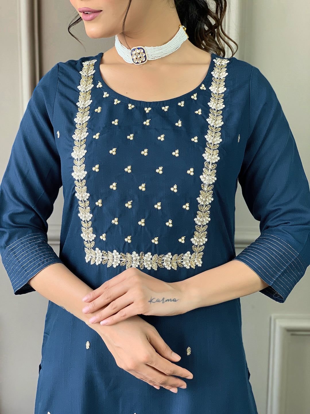 Teeya Creation Blue Color Rayon Slub Embroidery Work Fully Stitched Kurti Set - Distacart