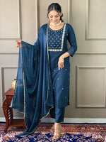 Thumbnail for Teeya Creation Blue Color Rayon Slub Embroidery Work Fully Stitched Kurti Set - Distacart