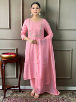 Thumbnail for Teeya Creation Baby Pink Color Rayon Slub Embroidery Work Fully Stitched Kurti Set - Distacart