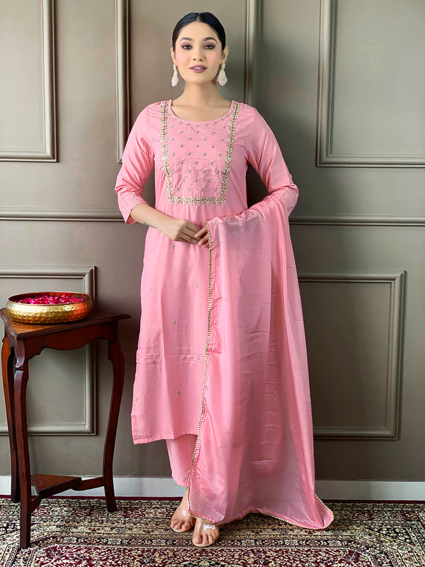 Teeya Creation Baby Pink Color Rayon Slub Embroidery Work Fully Stitched Kurti Set - Distacart