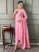 Thumbnail for Teeya Creation Baby Pink Color Rayon Slub Embroidery Work Fully Stitched Kurti Set - Distacart