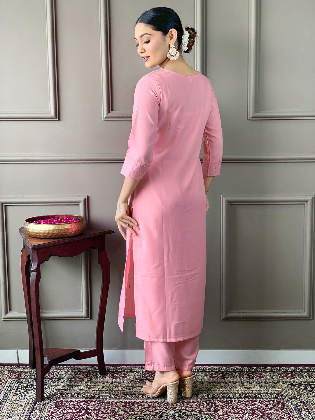 Teeya Creation Baby Pink Color Rayon Slub Embroidery Work Fully Stitched Kurti Set - Distacart