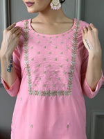 Thumbnail for Teeya Creation Baby Pink Color Rayon Slub Embroidery Work Fully Stitched Kurti Set - Distacart