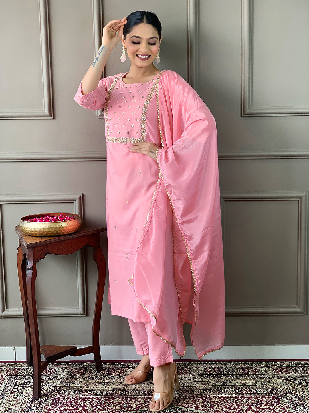 Teeya Creation Baby Pink Color Rayon Slub Embroidery Work Fully Stitched Kurti Set - Distacart