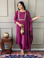 Thumbnail for Teeya Creation Wine Color Rayon Slub Embroidery Work Fully Stitched Kurti Set - Distacart