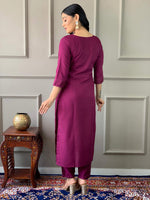 Thumbnail for Teeya Creation Wine Color Rayon Slub Embroidery Work Fully Stitched Kurti Set - Distacart