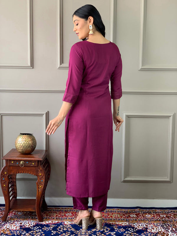 Teeya Creation Wine Color Rayon Slub Embroidery Work Fully Stitched Kurti Set - Distacart