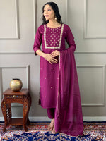 Thumbnail for Teeya Creation Wine Color Rayon Slub Embroidery Work Fully Stitched Kurti Set - Distacart