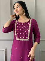 Thumbnail for Teeya Creation Wine Color Rayon Slub Embroidery Work Fully Stitched Kurti Set - Distacart