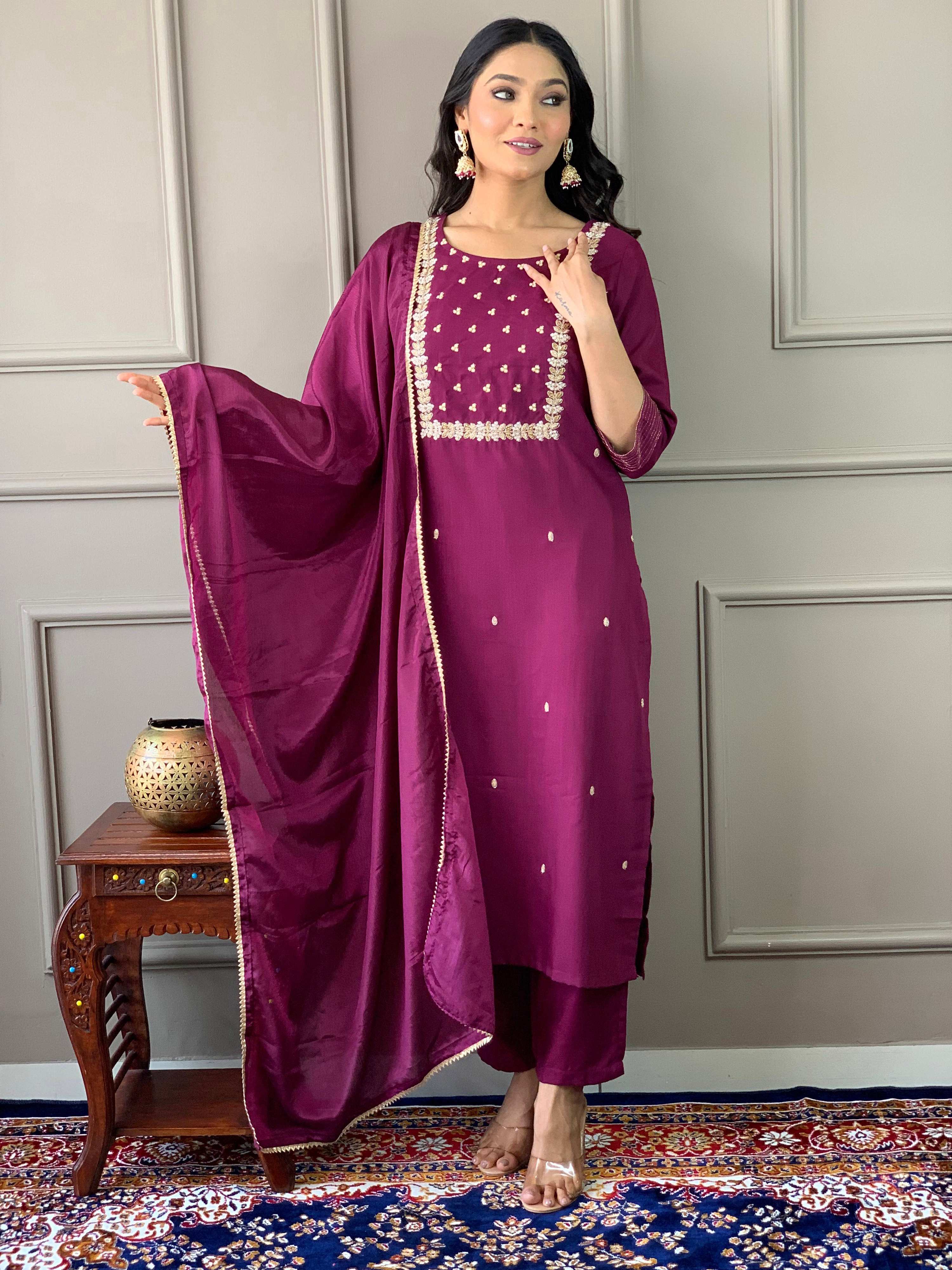 Teeya Creation Wine Color Rayon Slub Embroidery Work Fully Stitched Kurti Set - Distacart