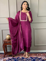 Thumbnail for Teeya Creation Wine Color Rayon Slub Embroidery Work Fully Stitched Kurti Set - Distacart