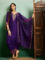 Thumbnail for Teeya Creation Violet Color Chanderi Embroidery Work Fully Stitched Kurti Set - Distacart