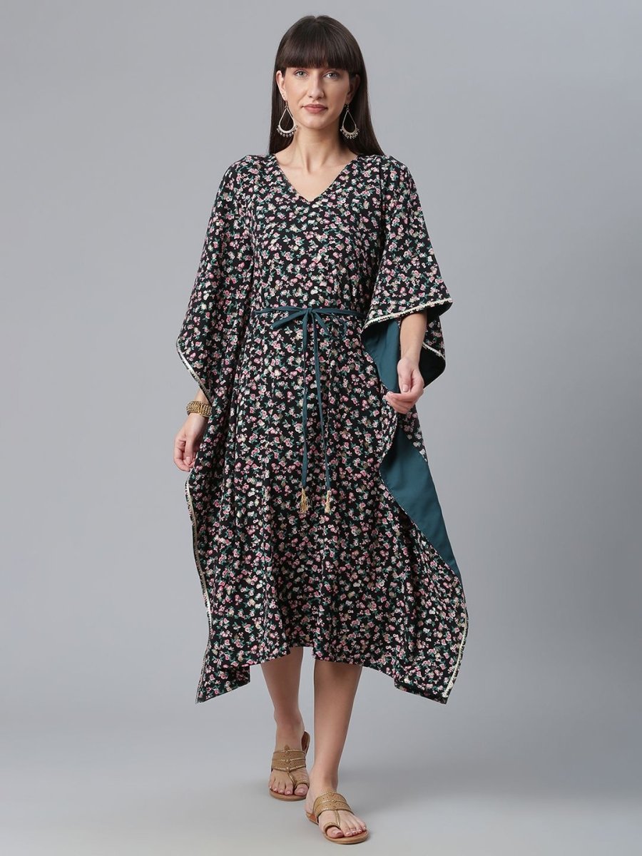 Ahalyaa Crepe Black Digital & Foil Floral Printed Kaftan