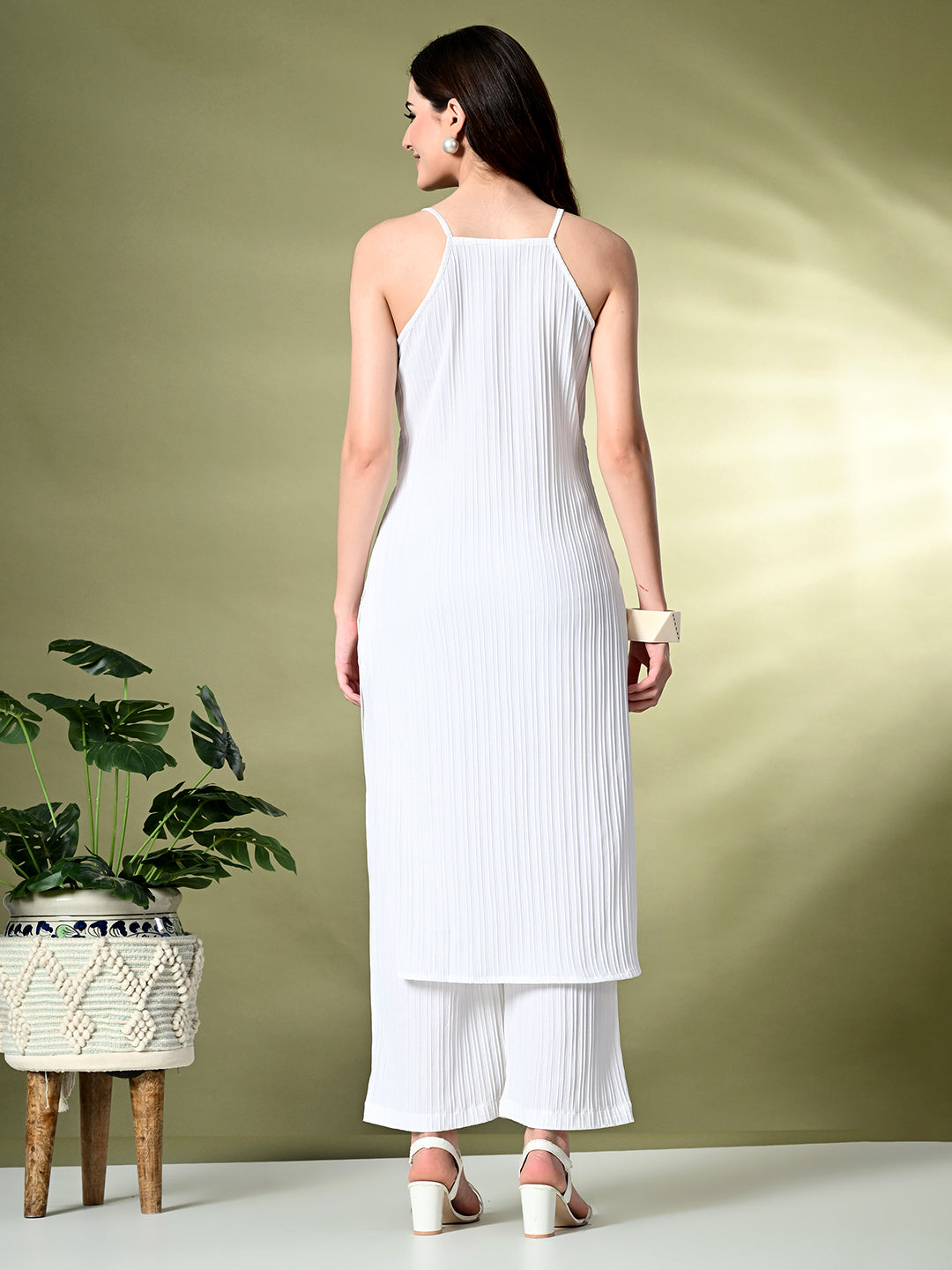 Myshka Women's Self Design Shoulder Straps Kurta & Palazzos Sets in White Color - Distacart