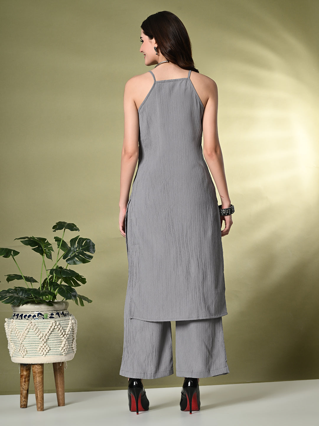 Myshka Women's Self Design Shoulder Straps Kurta & Palazzos Sets in Grey Color