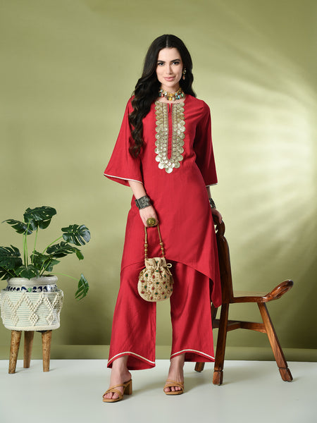 Myshka Women's Embroidered Keyhole Neck Bell Sleeves Kurta & Palazzos Sets in Red Color