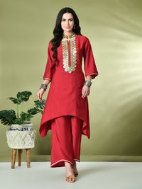 Thumbnail for Myshka Women's Embroidered Keyhole Neck Bell Sleeves Kurta & Palazzos Sets in Red Color