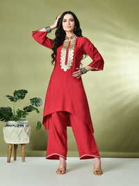 Thumbnail for Myshka Women's Embroidered Keyhole Neck Bell Sleeves Kurta & Palazzos Sets in Red Color