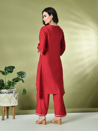 Thumbnail for Myshka Women's Embroidered Keyhole Neck Bell Sleeves Kurta & Palazzos Sets in Red Color