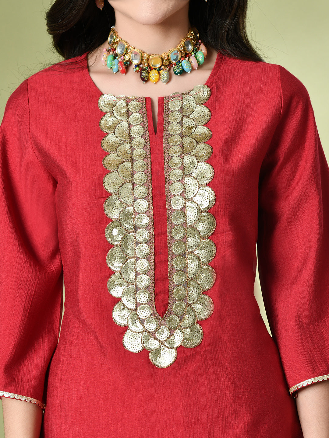 Myshka Women's Embroidered Keyhole Neck Bell Sleeves Kurta & Palazzos Sets in Red Color
