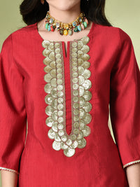 Thumbnail for Myshka Women's Embroidered Keyhole Neck Bell Sleeves Kurta & Palazzos Sets in Red Color