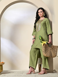 Thumbnail for Myshka Women's Embroidered Keyhole Neck Bell Sleeves Kurta & Palazzos Sets in Green Color