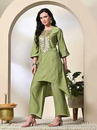 Thumbnail for Myshka Women's Embroidered Keyhole Neck Bell Sleeves Kurta & Palazzos Sets in Green Color